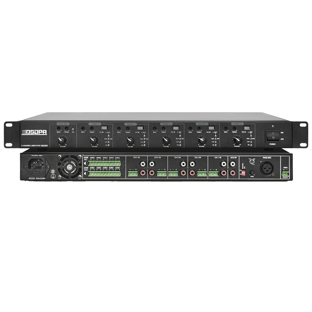 (DSPPA-DA5060) Amplificador mezclador - 5 canales - Potencia de 5x60W - Amplificación 100V - Baja impedancia 4-16Ω