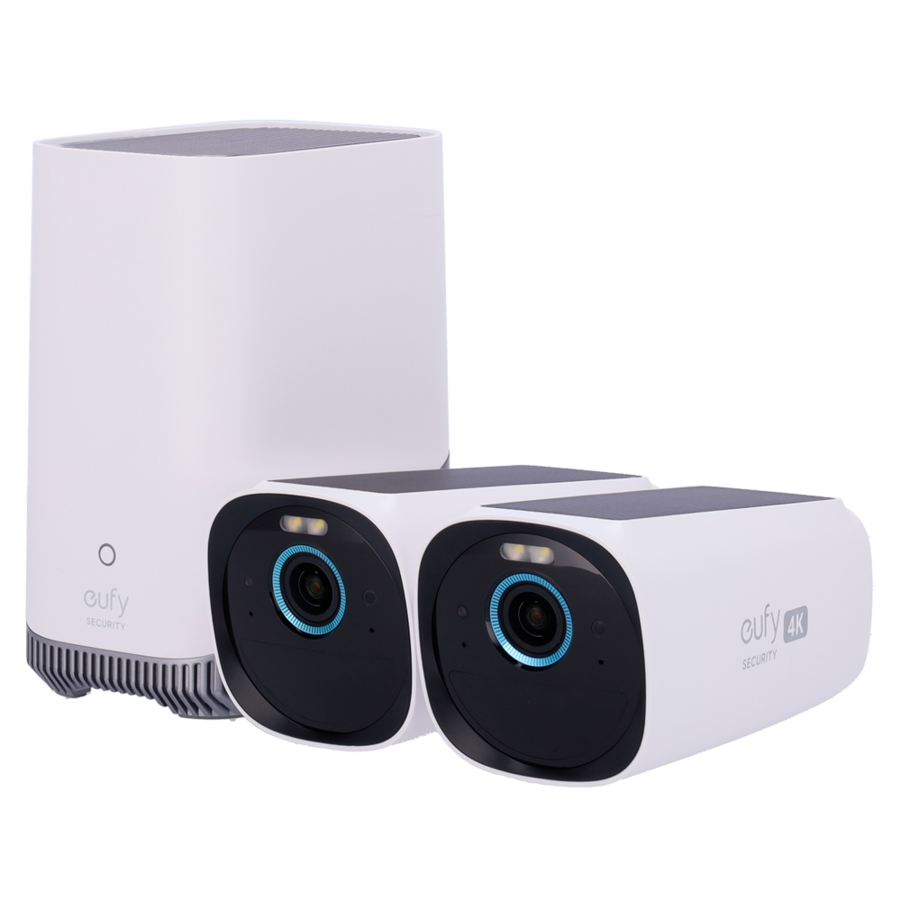 (EUFY-CAM3-S330) Kit 2 Caméras 4K solaire + 1 HomeBase 3 - Détection personnes, animaux domestiques et véhicules - HomeBase WiFi avec sirène - Stockage intégré 16 Go   - Autonomie illimitée - Adapté pour extérieur IP65