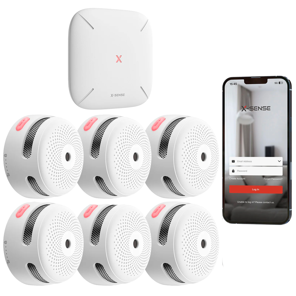 (FS61) Kit de détection d'incendie autonome X-Sense - Comprend 6 détecteurs de fumée XS01-M et le Hub SBS50 - Connexion au HUB SBS50 pour la communication via APP - Permet de connecter 50 détecteurs sur le même réseau - Alarme sonore 85 dB à 3m - Certifié EN 14604