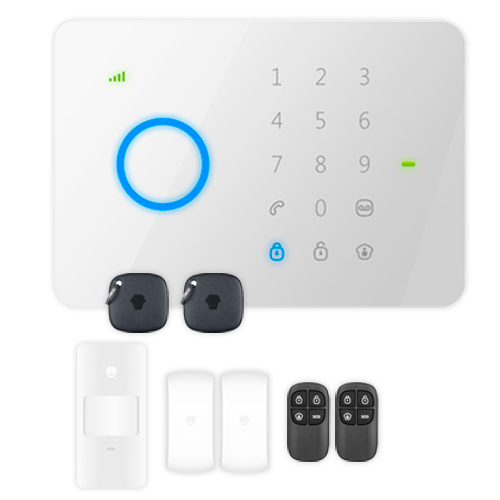 (G5PLUS) Kit d'alarme domestique - Panneau tactile avec module GSM - Envoi des alertes par SMS et appel - Détecteur PIR volumétrique - 2 contacts magnétiques une porte/fenêtre - Inclus 2 télécommandes et 2 badges RFID