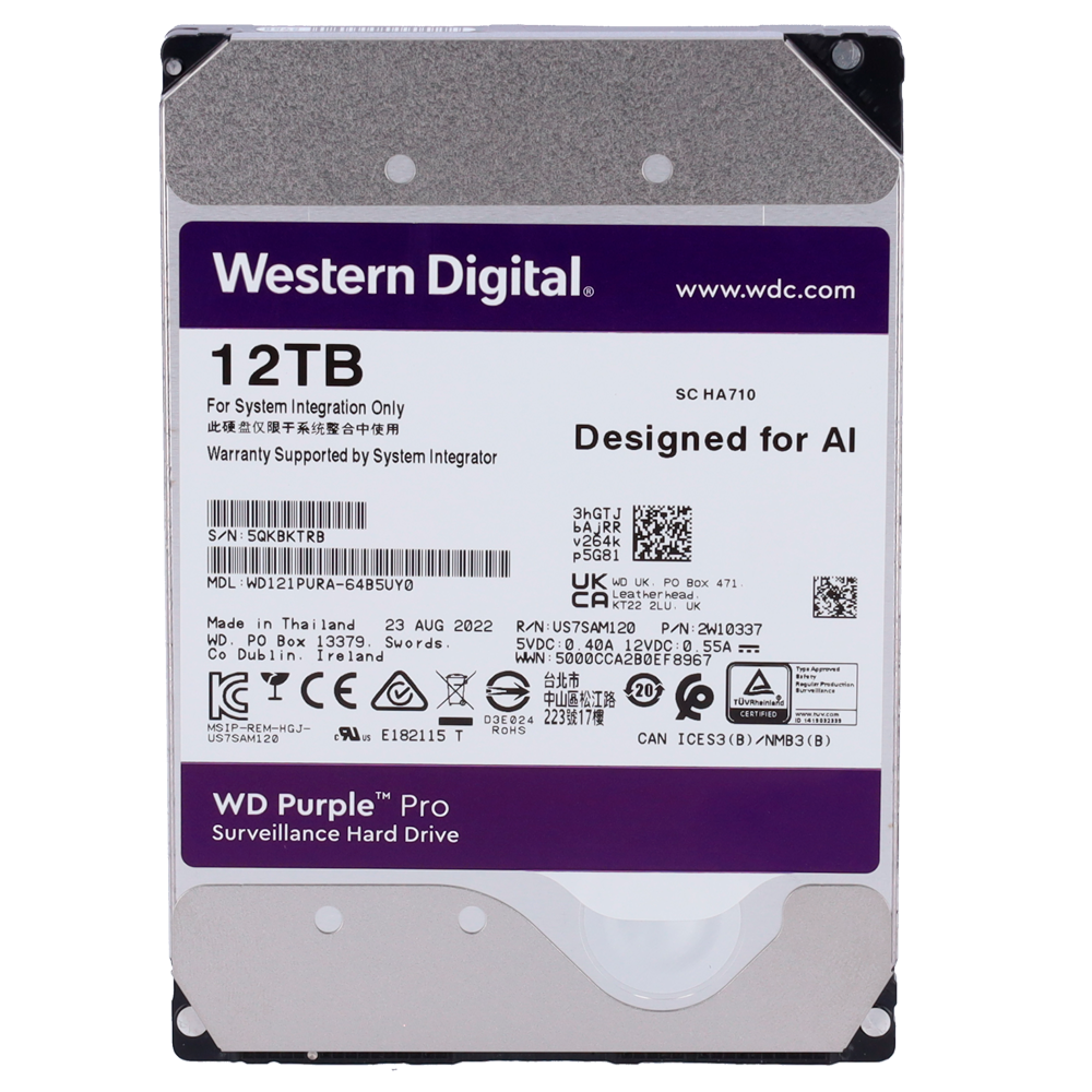 (HD12TB) Disque dur Western Digital - Capacité 12 TB - Interface SATA 6 GB/s - Modèle WD121PURZ-64B5UY0 - Spécial pour les enregistreurs vidéo - Individuel ou installé dans DVR