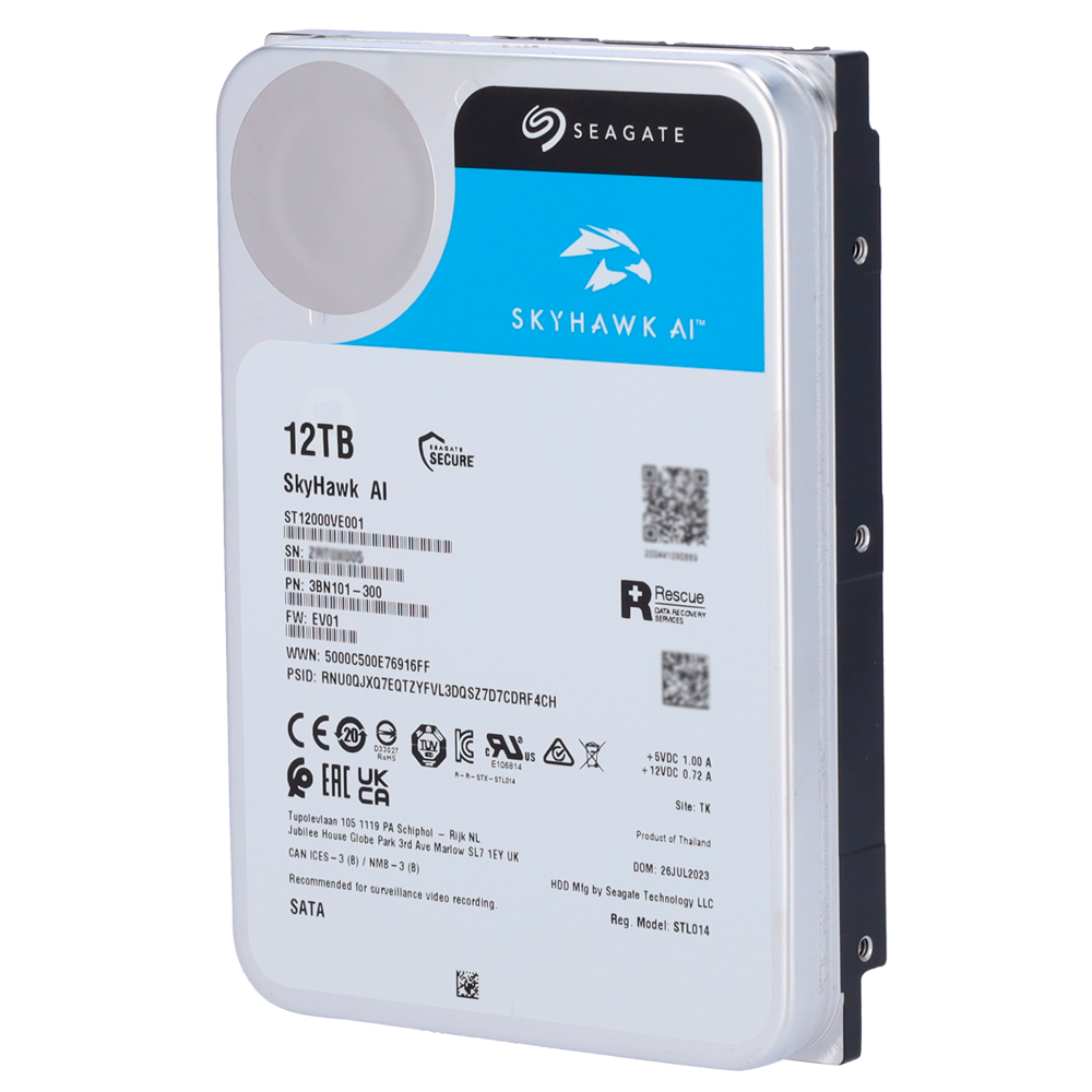 (HD12TB-S-AI) Disque dur Seagate Skyhawk AI - Capacité 12 TB - Interface SATA 6 GB/s - Jusqu'à 32 transmissions d'intelligence artificielle - Modèle ST12000VE001 - Spécialement pour enregistreur vidéo sur réseau (NVR)