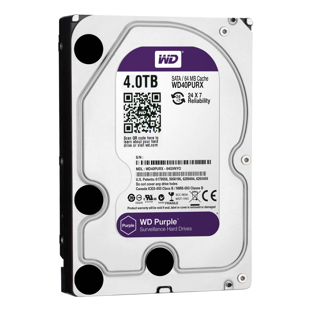 (HD4TB) Disque dur - Capacité 4 TB - Interface SATA 6 GB/s - Modèle WD40PURX - Spécial pour les enregistreurs vidéo - Individuel ou installé dans DVR