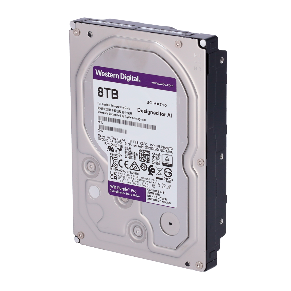 (HD8TB-PRO) Disque dur Western Digital - Capacité 8 TB - Interface SATA 6 GB/s - Modèle WD8001PURA - Conçu pour les vidéos intelligentes 24/7 - Prend en charge jusqu'à 64 caméras haute définition