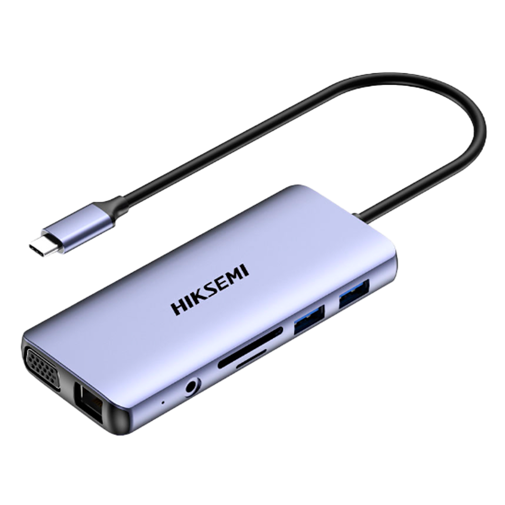 (HS-HUB-DS11STD/A/T/S/2U3/H/2U2/P/L/V) Hub USB-C 11 en 1 Hikvision - Admite carga PD 100 W - Transferencia de datos de 5 Gbps - 2xUSB A 3.0, 2xUSB A 2.0, USB C - HDMI 4K, VGA, Jack 3.5, Ethernet - Lector de tarjetas microSD y SD