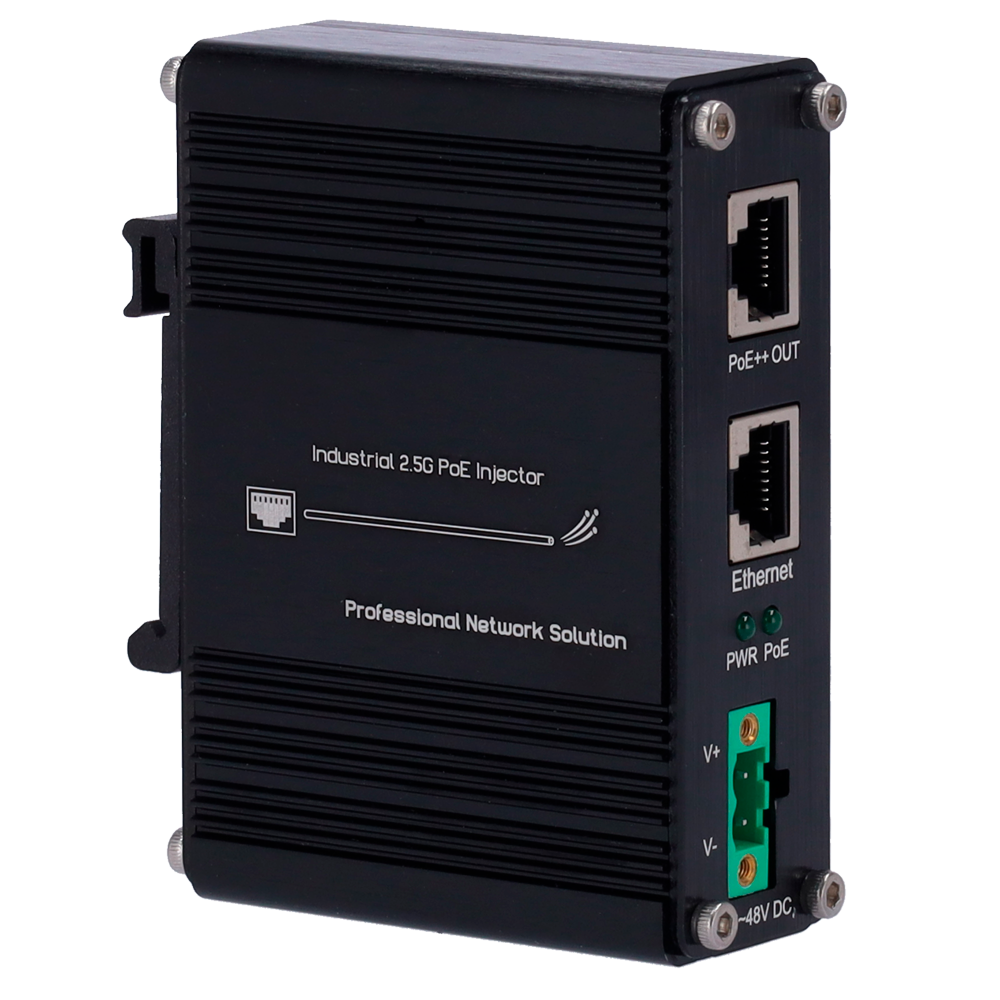 (INJ-IPOE-60W-2.5G-DC) Injecteur industriel Hi-PoE - Entrée RJ45 10/100/1000/2,5 T-base - Puissance totale 60 W - Distance maximale 100 m - PoE/PoE+/PoE++ IEEE802.3af/at/bt - Stabilisé et protégé