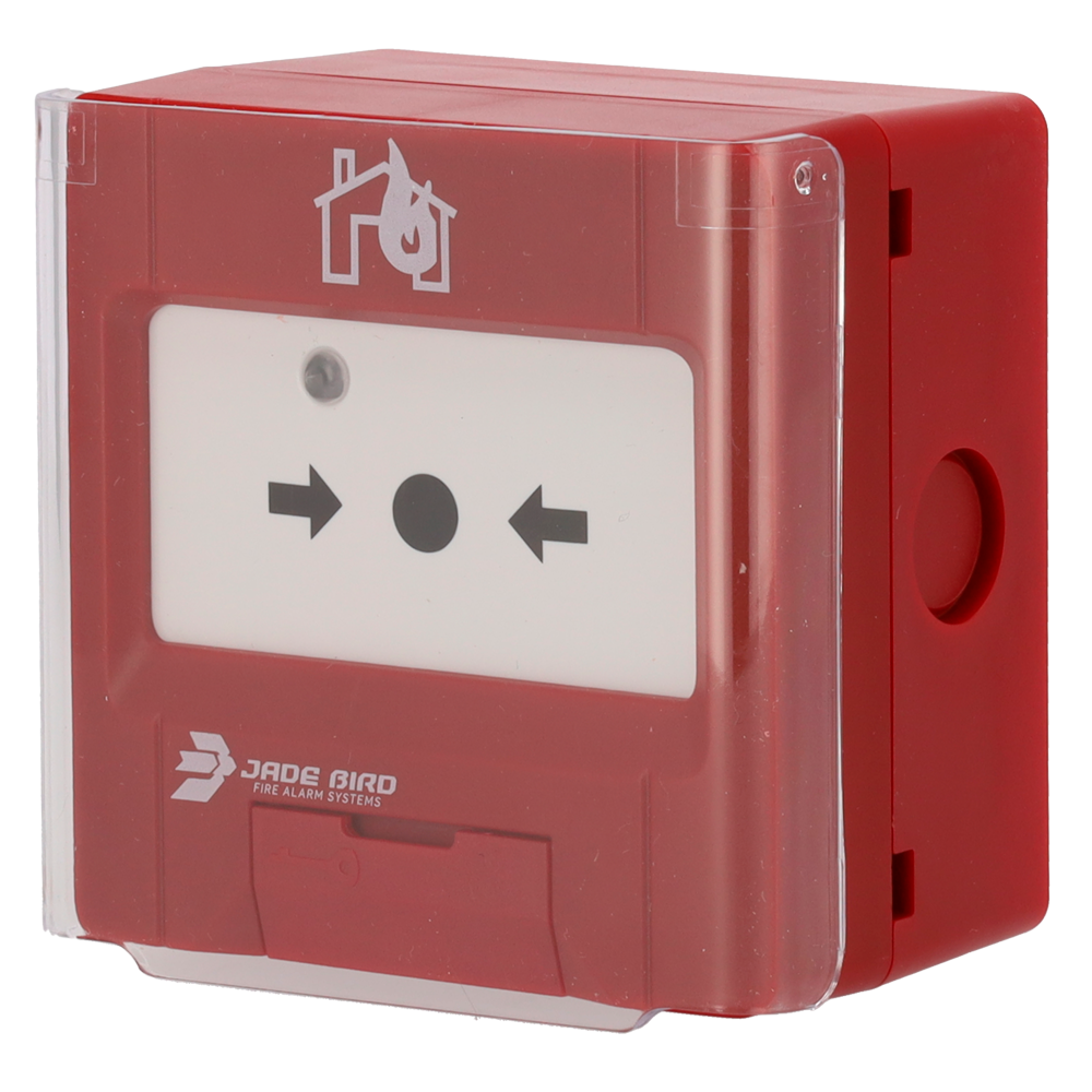 (JBE-2100C) Bouton poussoir analogique Jade Bird - Réarmable, housse de protection incluse - Témoin lumineux et visuel d'activation - Contact sec auxiliaire - Certifié EN 54-11
