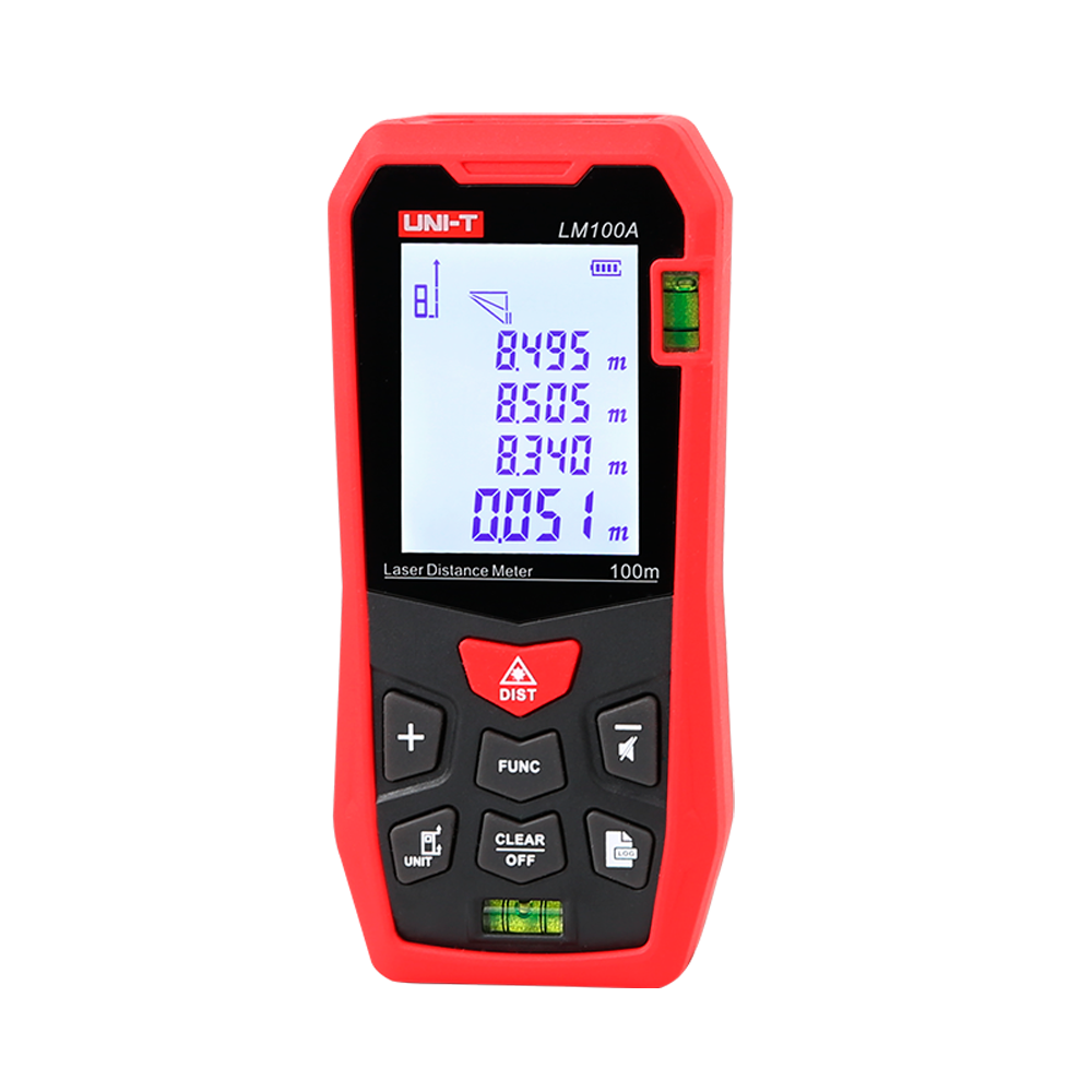 (LM100A) Télémètre laser de distance - Portée jusqu'à 100 m avec une précision millimétrique - Mesure de distance, aire et volume - Ergonomie et confort - Stockage de jusqu'à 99 ensembles de données - Contient un niveau à bulles