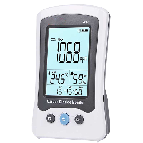 (MT-CO2-A37) Mesure de CO2, température et de l'humidité - Avec alarme visuelle et sonore programmable par l'utilisateur - Enregistrement de valeur maximale / minimale / moyenne - Plage de mesure de CO2 400~5000 ppm - Calcul de la moyenne pondérée dans le temps - Alimentation par batterie