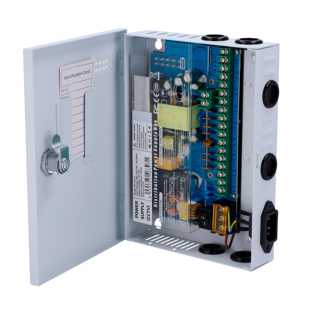 (PD-120-9-FUSE) Boîte de distribution d'alimentation  - 1 entrée AC 180-246 V 50-60Hz - 9 sorties par paire en cuivre - Protection grâce à un fusible rearmable - Tension de sortie 12 V / 120 W - Caisson metalique