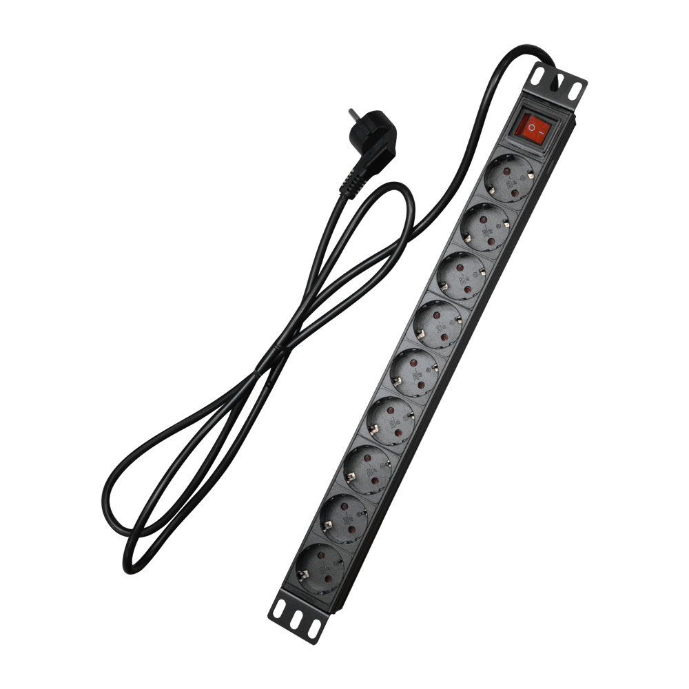 (PDU-9P1U-SWITCH) Multiprise - Format rackable 1U - 9 sorties jusqu'à 250VAC / 16 A max. - Interrupteur marche/arrêt - Couleur noir