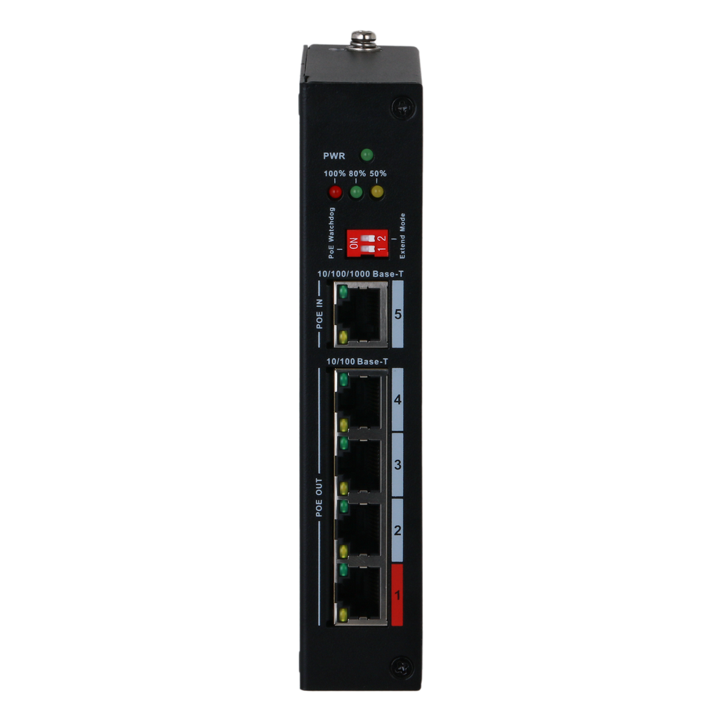 (PFT1500) Dahua - Prolongeur PoE  - Permet d´augmenter la portée de l´alimentation POE - Vitesse 4x 10/100Mbps + 1x 10/100/1000Mbps - 4 ports PoE Out FE + 1 port PoE In GE - 3x ports PoE+ 802.3af/at + 1 port Hi-PoE