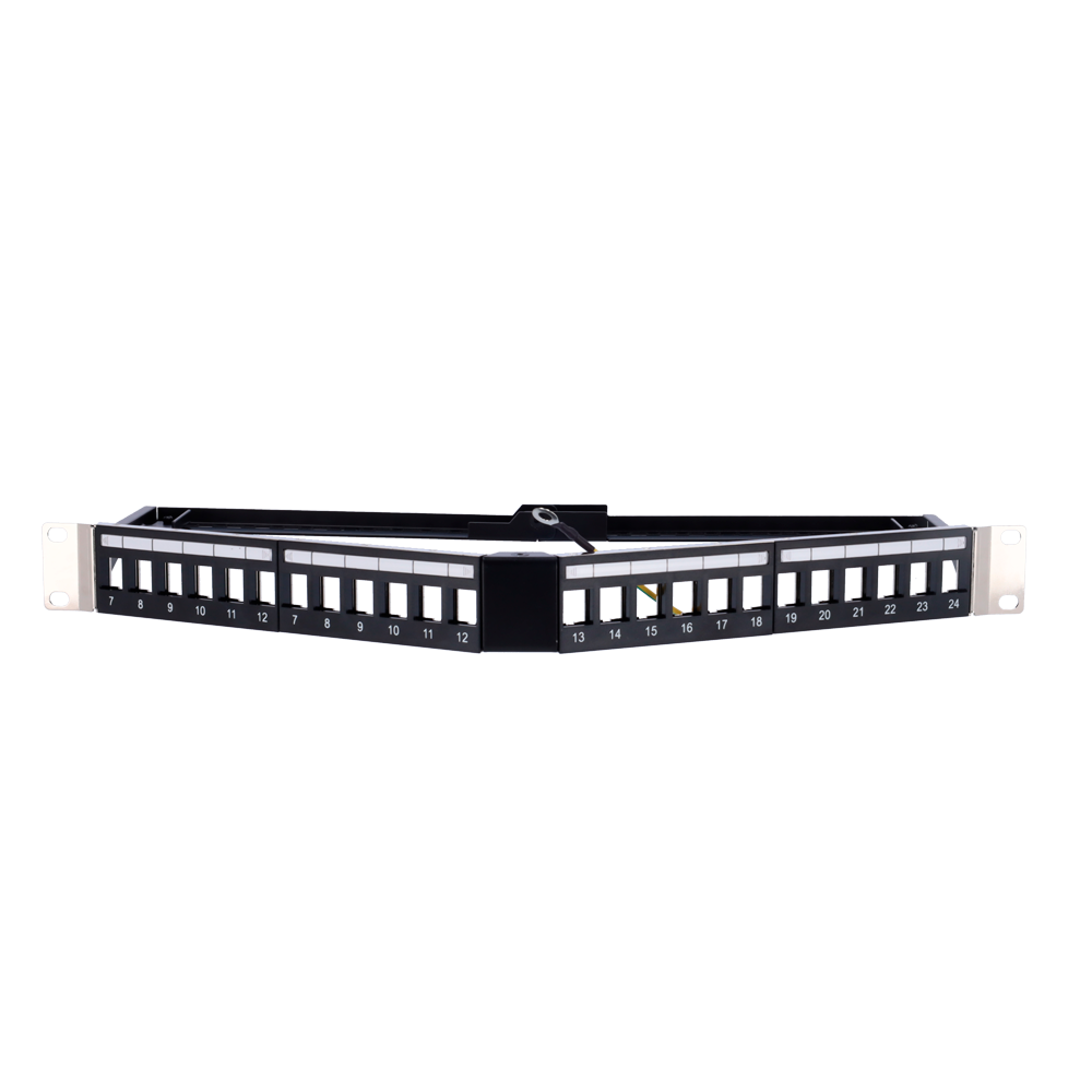 (PP-A24FTP) Panneau de brassage en angle vide - 24 ports FTP - Format rackable 1U - Sans électronique - Barre de gestion des câbles incluse - Avec câble de mise à la terre