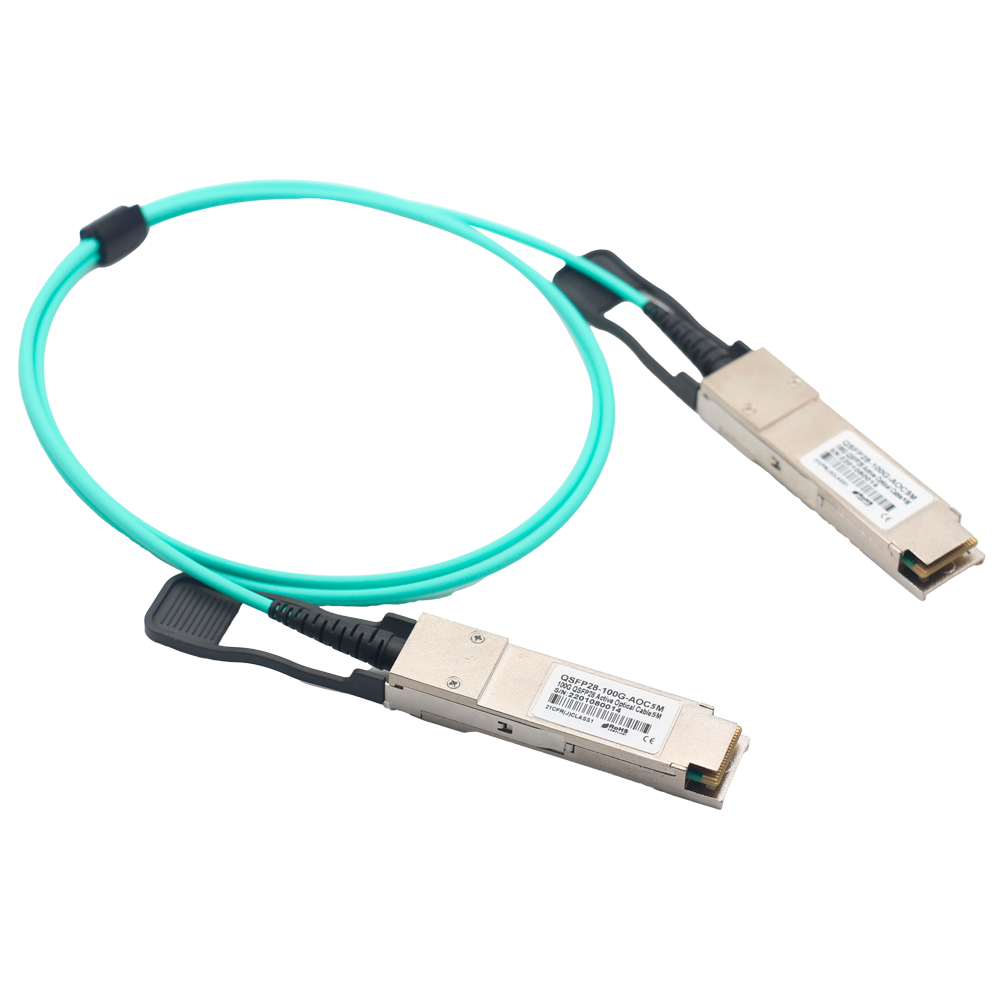 (QSFP28-100G-AOC-5M) Câble de connexion directe QSFP28 - Vitesse 100Gbps - Modules QSFP28 aux deux extrémités - Idéal pour empilage de switches - 5 Mètres de longueur - Câble optique