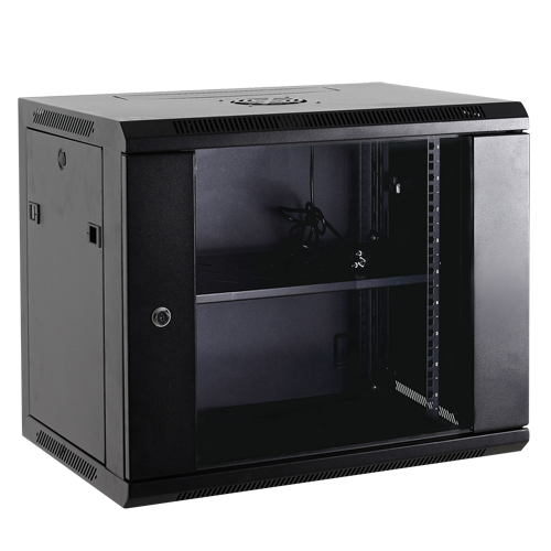 [RACK-12UN] (RACK-12UN) Armoire rack pour mur - Jusqu'à 12U rack de 19"(600*600) - Jusqu'à 60 Kg de charge - avec ventilation et passage de câble - 2 ventilateur, plateau, bornier 6 prises incluses - Fourni démonté