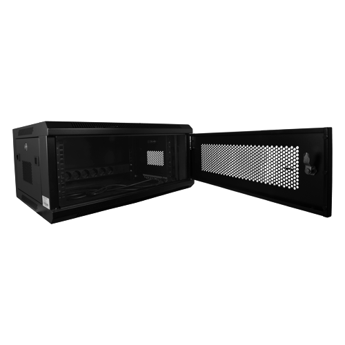(RACK-4U-MESH) Armoire rack pour mur - Jusqu'à 4U rack de 19" - Jusqu'à 60 Kg de charge - Panneaux en maille sur la face frontale et les faces latérales pour la ventilation - Entrées pour câblage - Réglette de 6 des prises incluse