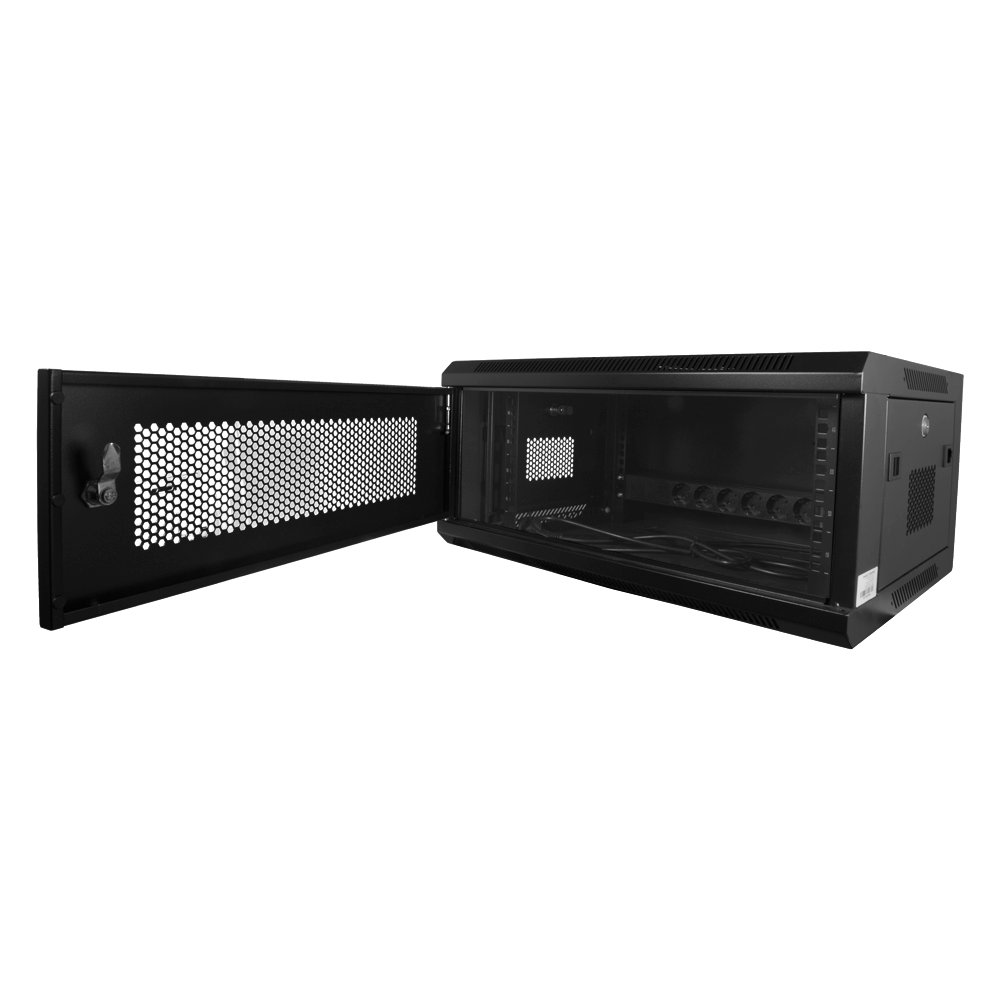(RACK-6U-MESH) Armoire rack pour mur - Jusqu'à 6U rack de 19" - Jusqu'à 60 Kg de charge - Panneaux en maille sur la face frontale et les faces latérales pour la ventilation - Entrées pour câblage - Réglette de 6 des prises incluse