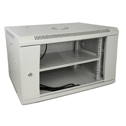 (RACK-6UG) Armoire rack pour mur - Jusqu'à 6U rack de 19" - Jusqu'à 60 Kg de charge - avec ventilation et passage de câble - Ventilateur et plateau inclus - Réglette de 6 des prises incluse