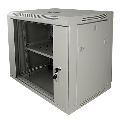 [RACK-9UG] (RACK-9UG) Armoire rack pour mur - Jusqu'à 9U rack de 19" - Jusqu'à 100 Kg de charge - avec ventilation et passage de câble - Ventilateur, plateau et bloc multiprises 6 inclus - Fourni non assemblé