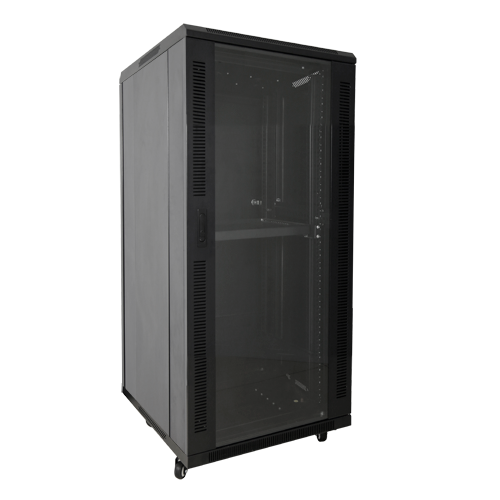 (RACK-F18UN) Armoire rack pour sol - Jusqu'à 18U rack de 19" - Jusqu'à 800 Kg de charge - avec ventilation et passage de câble - 2 ventilateurs, 2 plateaux et bloc multiprises de courant 6 - Fourni démonté