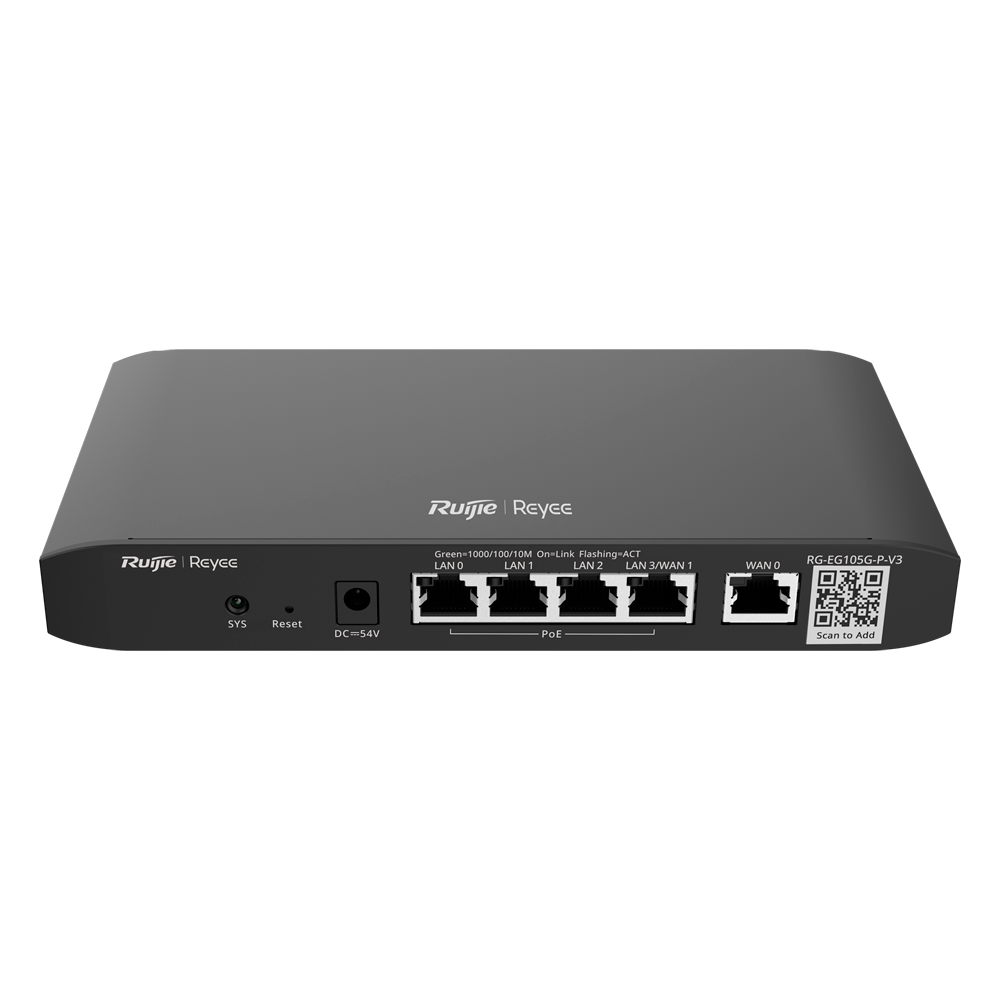 (RG-EG105G-P-V3) Reyee routeur PoE contrôleur Cloud - 4 ports PoE+ RJ45 GE + 2 ports RJ45 GE - 5 Ports RJ45 10/100 /1000 Mbps - Prend en charge jusqu'à 2 WAN pour basculement ou équilibrage - Jusqu'à 600 Mbps de bande passante - Serveur VPN IPSec, L2TP, PPTP, OpenVPN