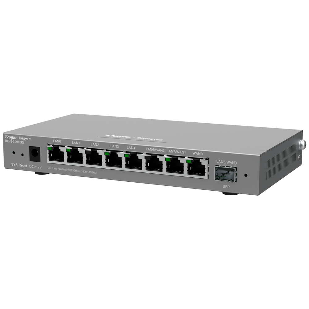 (RG-EG209GS) Contrôleur manageable du routeur Reyee - 8 Ports RJ45 10/100 /1000 Mbps - 1 Port LAN/WAN SFP - Prend en charge jusqu'à 4 WAN pour basculement ou équilibrage - Jusqu'à 600 Mbps de bande passante - Serveur VPN IPSec, L2TP, PPTP, OpenVPN