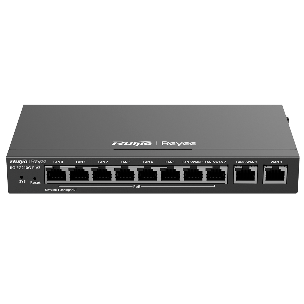(RG-EG210G-P-V3) Reyee routeur PoE contrôleur Cloud - 8 ports PoE+ RJ45 GE + 2 ports RJ45 GE - 10 Ports RJ45 10/100 /1000 Mbps - Prend en charge jusqu'à 4 WAN pour basculement ou équilibrage - Jusqu'à 600 Mbps de bande passante - Serveur VPN IPSec, L2TP, PPTP, OpenVPN
