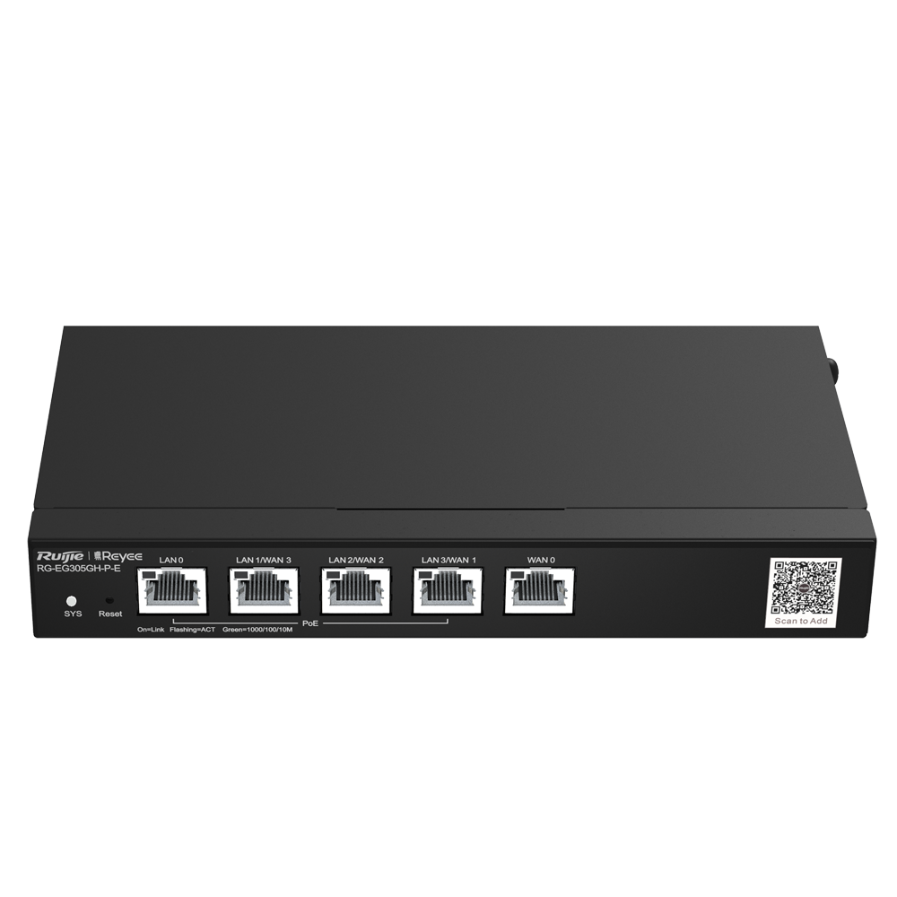[RG-EG305GH-P-E] (RG-EG305GH-P-E) Reyee routeur PoE contrôleur Cloud - 4 Ports PoE+ LAN + 1 Port WAN - 5 Ports RJ45 10/100 /1000 Mbps - Prend en charge jusqu'à 4 WAN pour basculement ou équilibrage - Jusqu'à 1500 Mbps de bande passante - Serveur VPN IPSec, L2TP, PPTP, OpenVPN