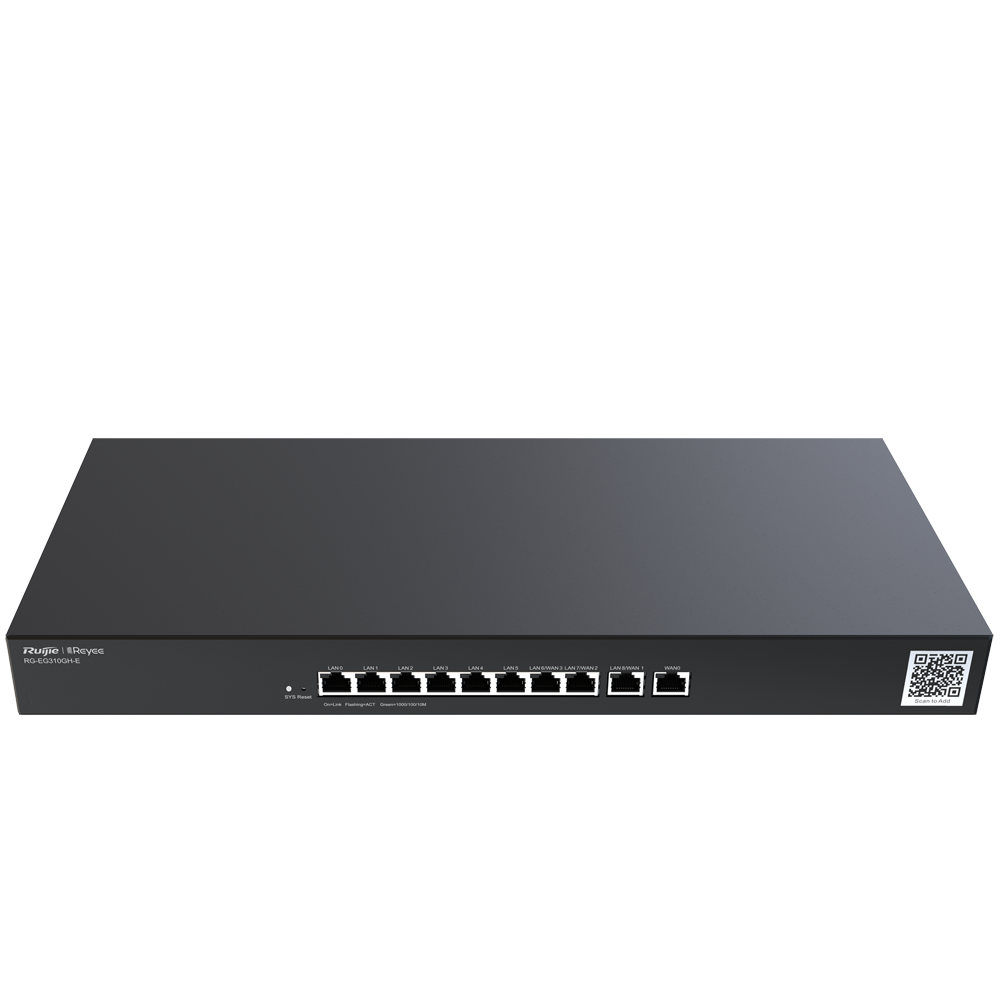 [RG-EG310GH-E] (RG-EG310GH-E) Reyee Router Controleur Cloud - 9 Ports LAN + 1 Port WAN - 10 Ports RJ45 10/100 /1000 Mbps - Prend en charge jusqu'à 4 WAN pour basculement ou équilibrage - Jusqu'à 1500 Mbps de bande passante - Serveur VPN IPSec, L2TP, PPTP, OpenVPN