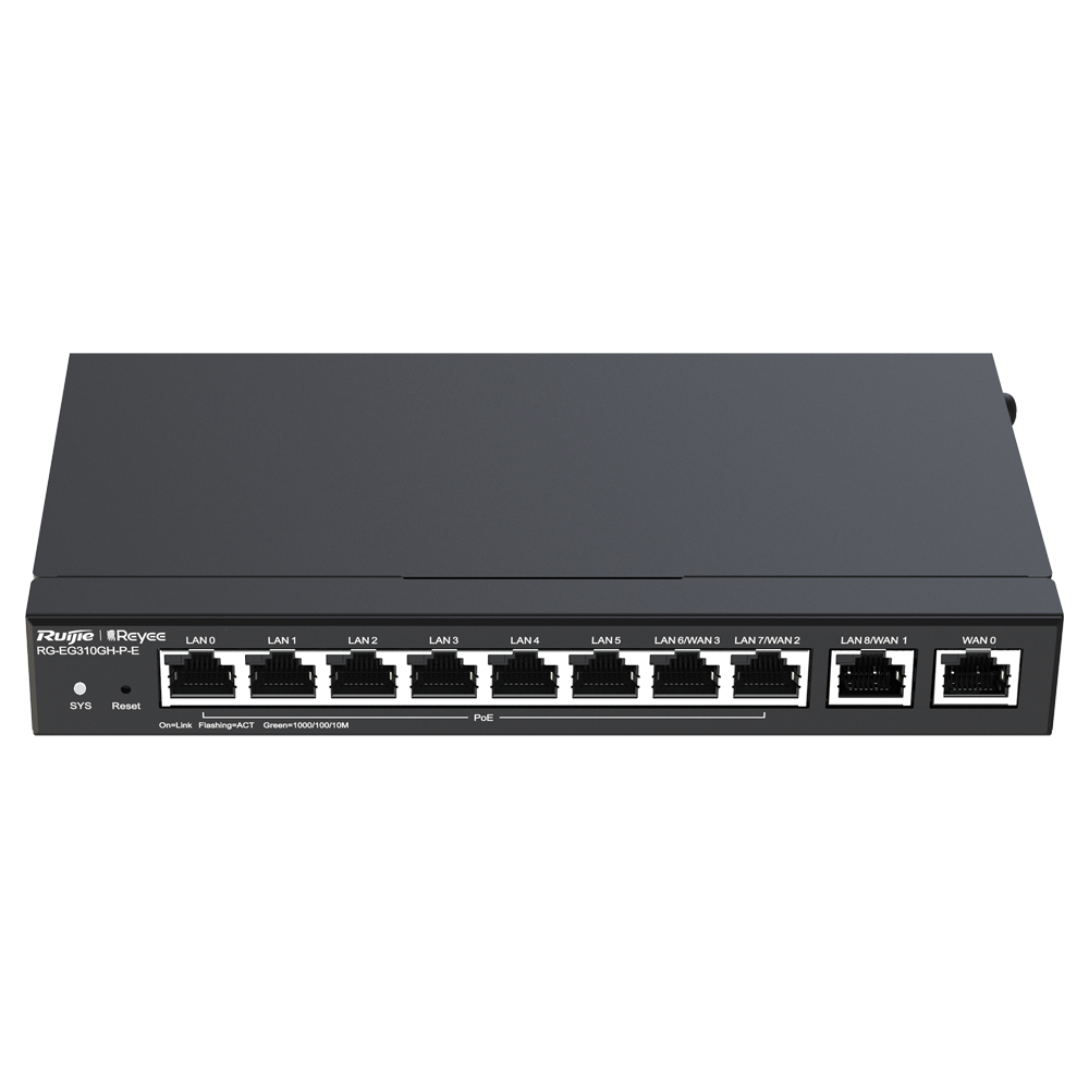 (RG-EG310GH-P-E) Reyee routeur PoE contrôleur Cloud - 9 Ports GE LAN + 1 Port GE WAN - 8 Ports PoE+ 802.3af/at / Jusqu'à 110W au total - Prend en charge jusqu'à 4 WAN pour basculement ou équilibrage - Jusqu'à 1500 Mbps de bande passante - Serveur VPN IPSec, L2TP, PPTP, OpenVPN
