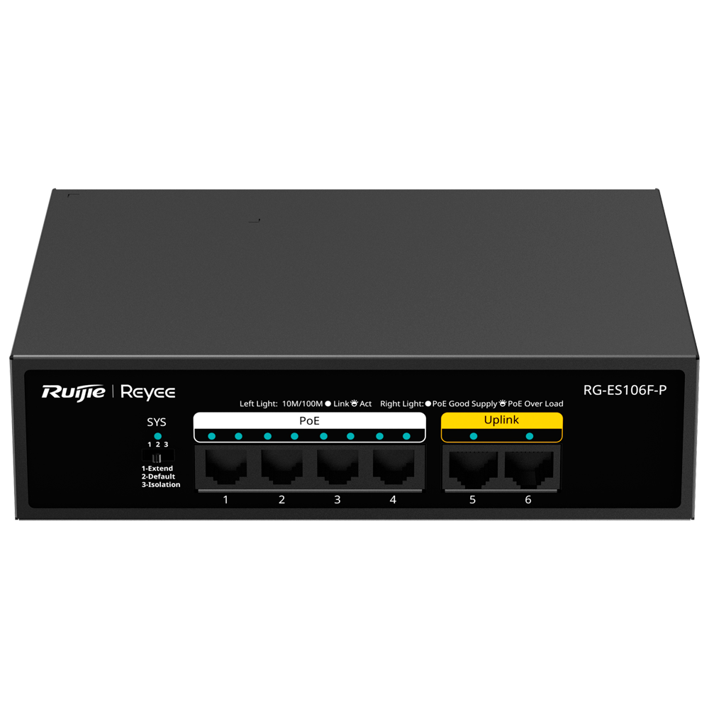 [RG-ES106F-P] (RG-ES106F-P) Reyee Switch PoE de bureau - Boîtier métallique - 6 ports RJ45 10/100 Mbps - 4 Ports PoE+ 802.3af/at + 2 Ports Uplink - Plug and Play - Technologie d'économie d'énergie