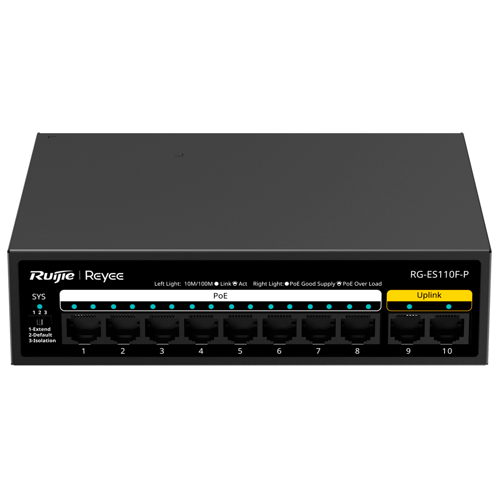 [RG-ES110F-P] (RG-ES110F-P) Reyee Switch PoE de bureau - Boîtier métallique - 8 ports RJ45 10/100 Mbps PoE+ 802.3af/at  - 2 ports de liaison Uplink RJ45 10/100 Mbps - Plug and Play - Technologie d'économie d'énergie