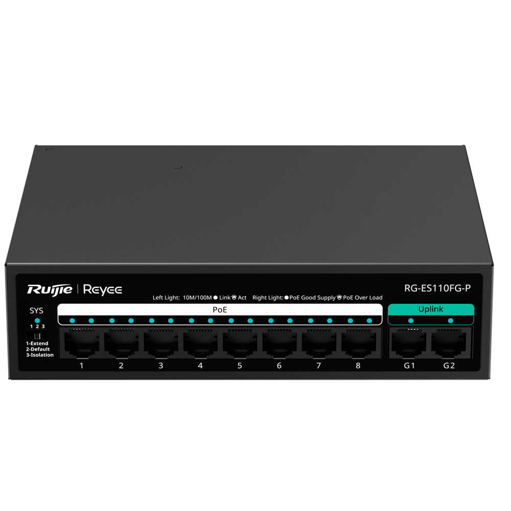 [RG-ES110FG-P] (RG-ES110FG-P) Reyee Switch PoE de bureau - Boîtier métallique - 8 ports RJ45 10/100 Mbps - 8 Ports PoE+ 802.3af/at + 2 Liaison Uplink 1G - Plug and Play - Technologie d'économie d'énergie