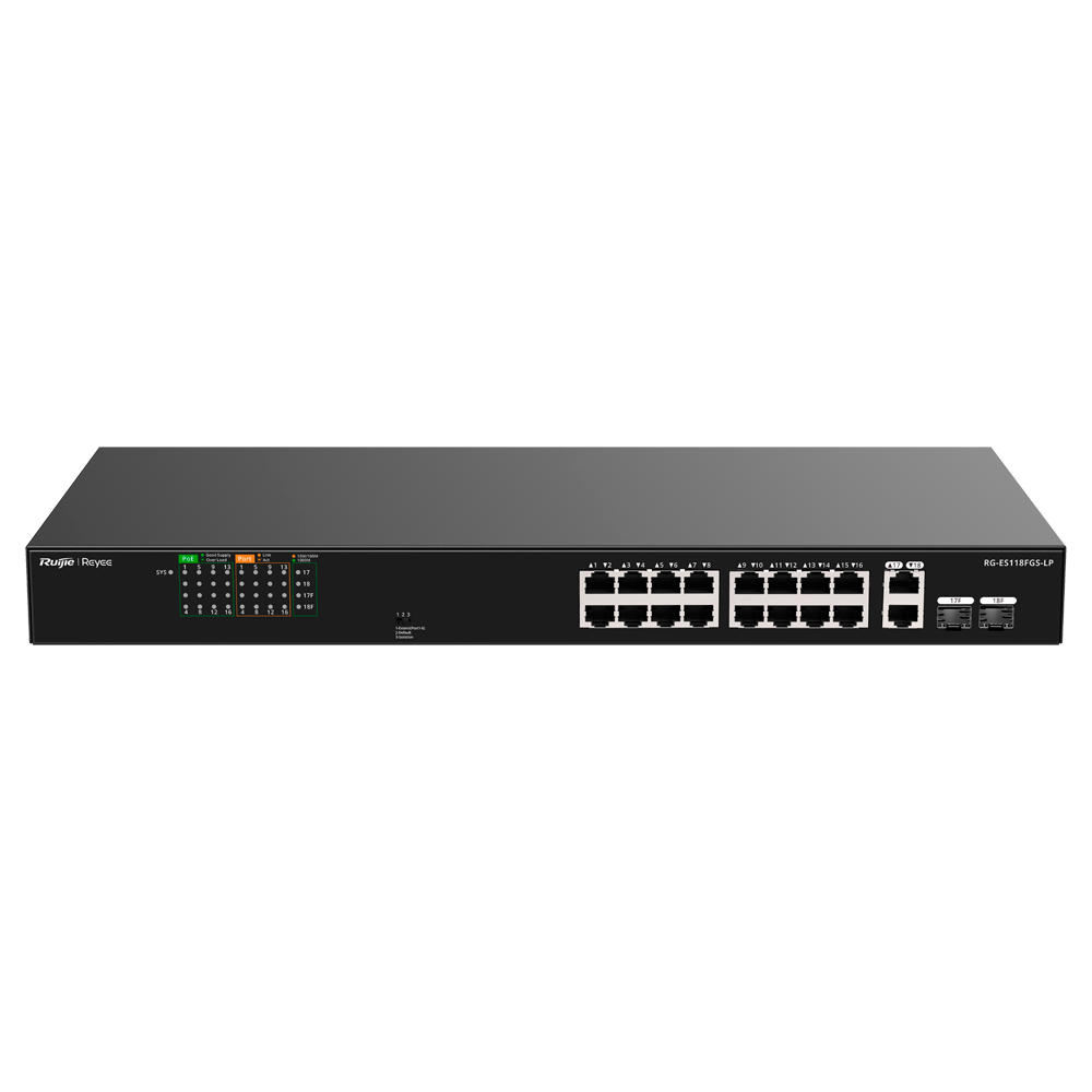 (RG-ES118FGS-LP) Reyee Switch PoE de bureau - Boîtier métallique - Racable - 16 Ports RJ45 10/100 Mbps + 2 Uplink Gigabit - 16 Ports PoE+ 802.3af/at | Puissance totale 120W - Plug and Play - Technologie d'économie d'énergie