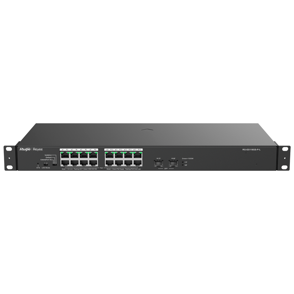 (RG-ES118GS-P-L) Reyee Switch PoE de bureau - 16 Ports RJ45 + 2 Uplink SFP - 16 Ports Gigabit + 2 Ports Gigabit - 16 Ports PoE+ 802.3af/at | Puissance totale 247W - Isolation des ports / contrôle du débit - Plug and Play