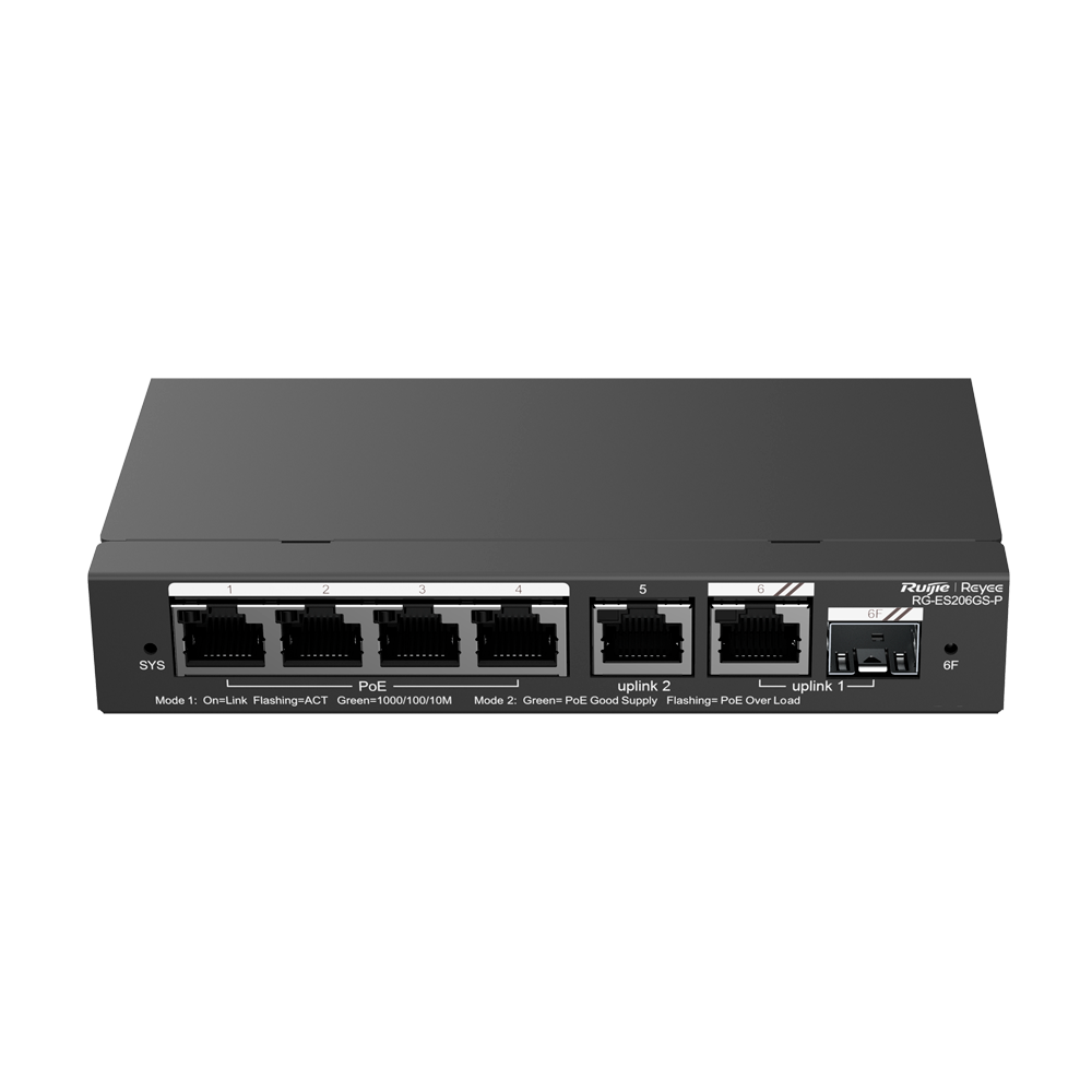 (RG-ES206GS-P) Reyee PoE Cloud Switch - 4 Ports PoE + 2 Ports Rj45 + 1 Ports SFP Combo - Vitesse des ports 10/100/1000 Mbps - 30W par port 802.3af/at / Maximum 54W - VLAN/Port Isolation/Loop Detection - Port Speed Limit