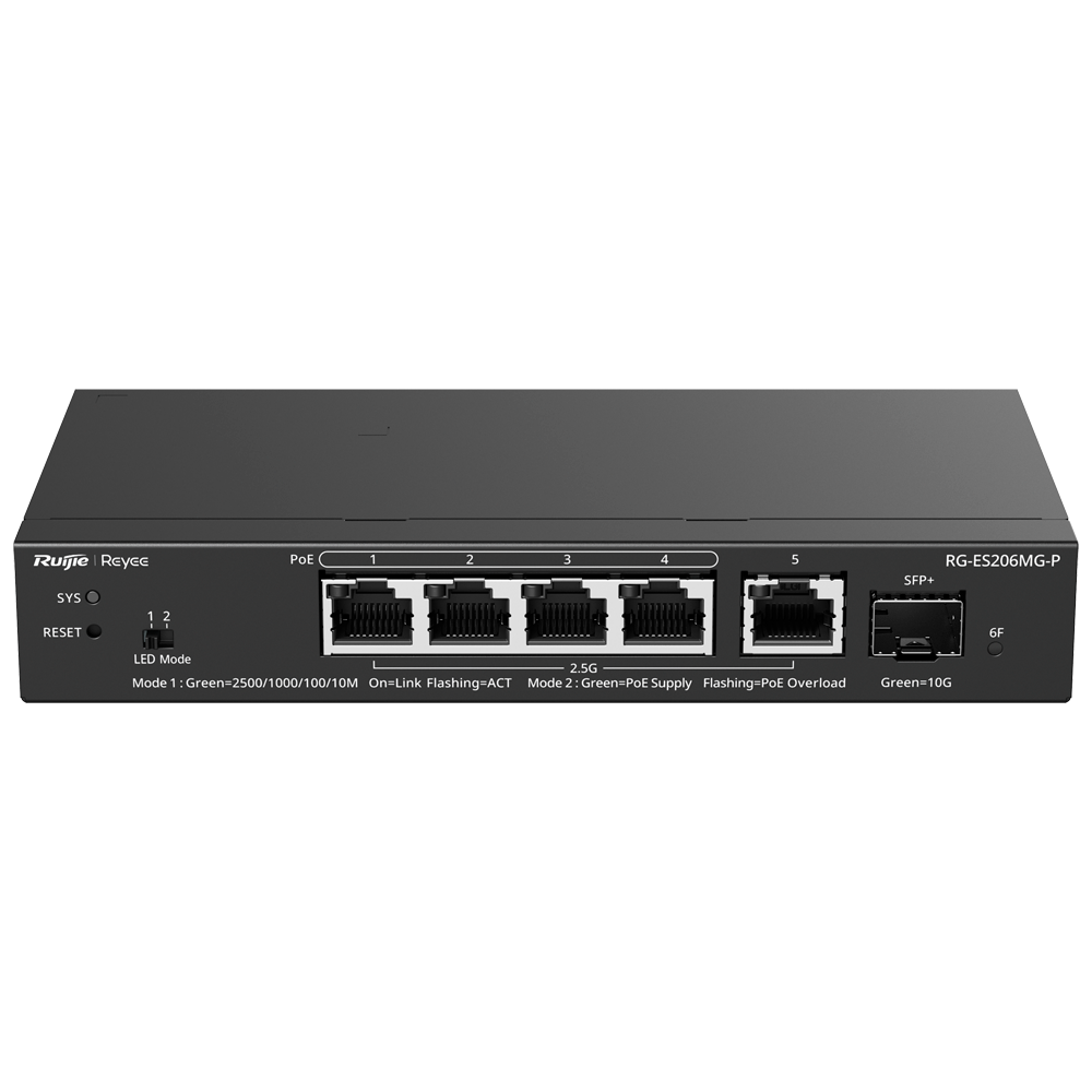 (RG-ES206MG-P) Reyee Switch PoE Cloud Layer 2 - 5 ports PoE MultiGigabit et 10Gbps SFP+ -  PoE 802.3af/at à 30w / Maximum 70W - LAG statique/DHCP Snoop/Miroir de port - VLAN/Isolation des ports/Surveillance PoE - Enrackable