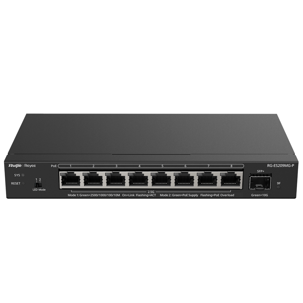 [RG-ES209MG-P] (RG-ES209MG-P) Reyee Switch PoE Cloud Layer 2 - 8 ports PoE MultiGigabit+ 1 10Gbps SFP+ -  PoE 802.3af/at à 30w / Maximum 130W - LAG statique/DHCP Snoop/Miroir de port - VLAN/Isolation des ports/Surveillance PoE - Enrackable