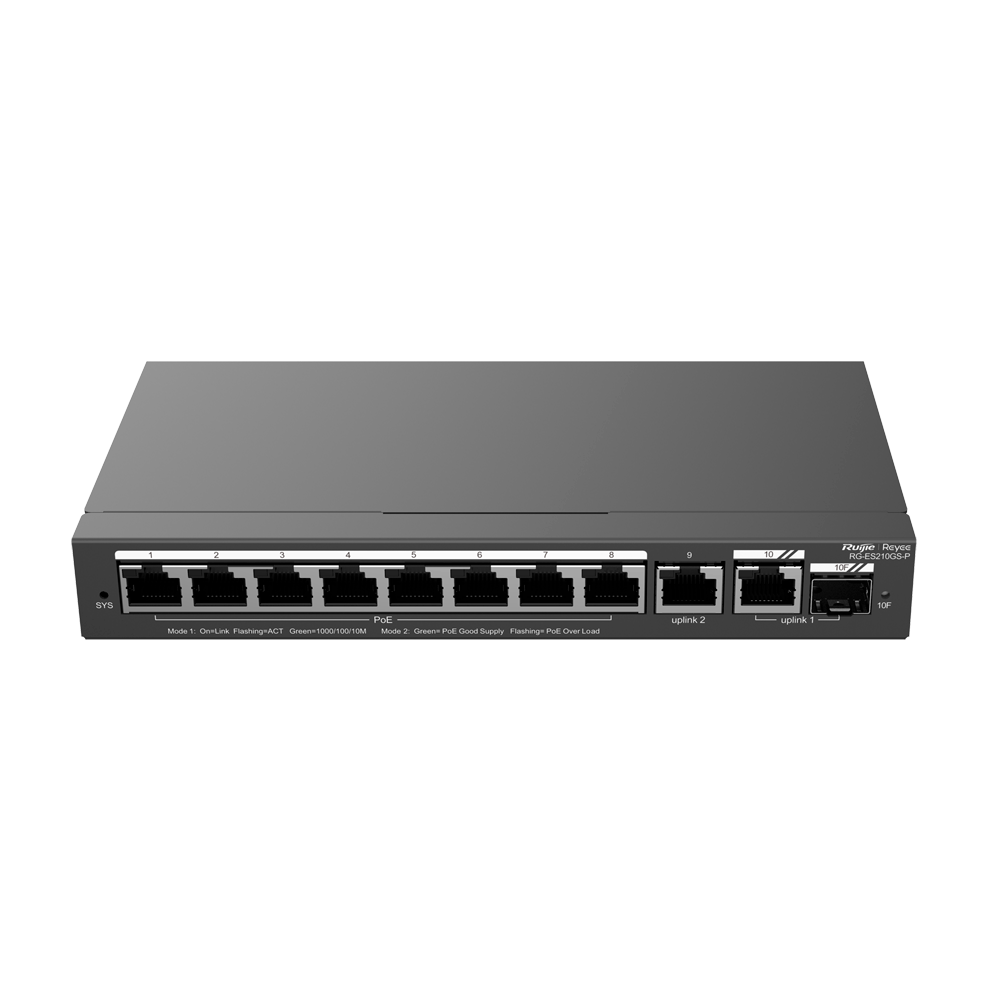 (RG-ES210GS-P) Switch Reyee PoE administrable Cloud - 8 Ports PoE + 2 Uplink RJ45 + 1 SFP Combo - Vitesse des ports 10/100/1000 Mbps - 30W par port 802.3af/at / Maximum 120W - VLAN/Port Isolation/Loop Detection - Port Speed Limit