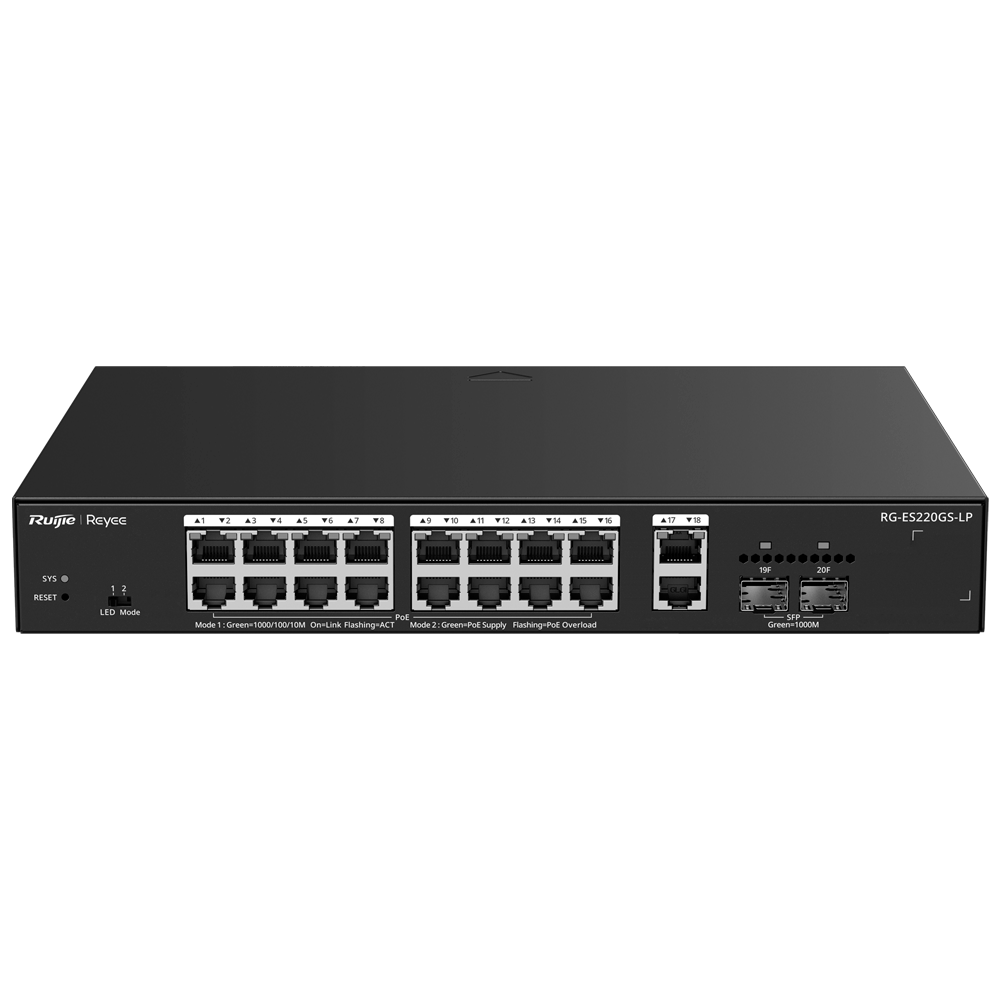 [RG-ES220GS-LP] (RG-ES220GS-LP) Switch Reyee PoE administrable Cloud - 16 PoE 802.3af/at + 2 SFP + 2 liaison uplink RJ45 - 18 RJ45 10/100/1000Mbps + 2 SFP 10/100/1000 - 30W par port 802.3af/at / Maximum 130W - VLAN/Port Isolation/Loop Detection - Port Speed Limit