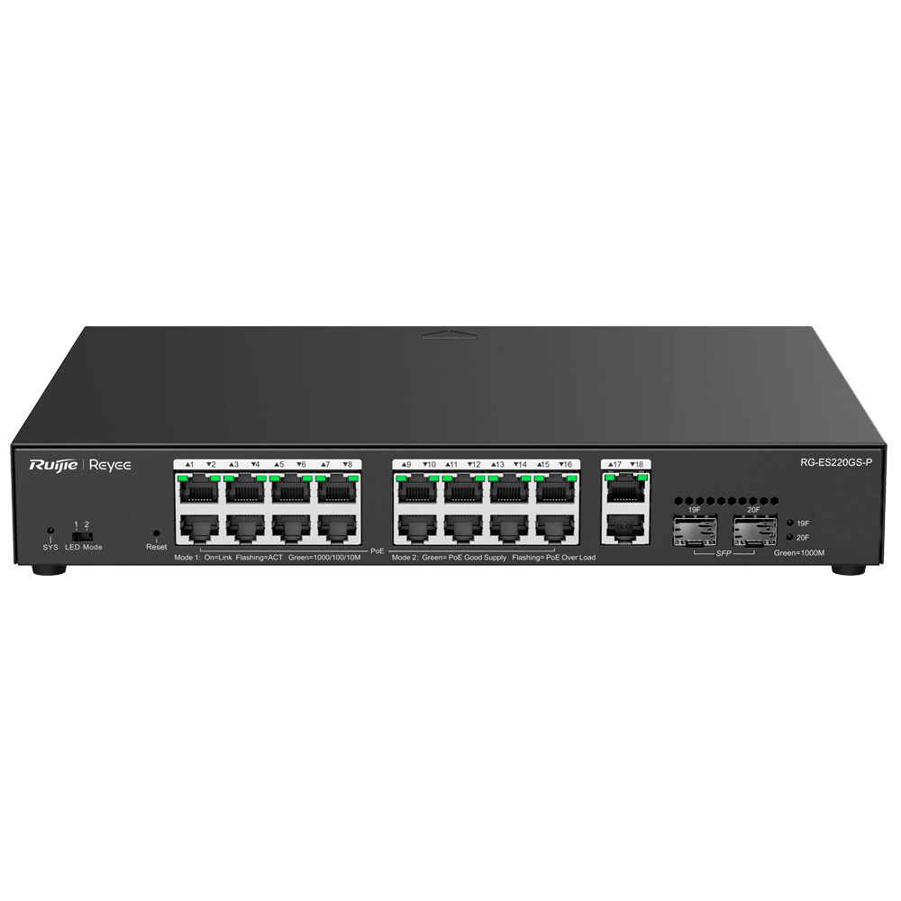 [RG-ES220GS-P] (RG-ES220GS-P) Switch Reyee PoE administrable Cloud - 16 PoE 802.3af/at + 2 SFP + 2 liaison uplink RJ45 - 18 RJ45 10/100/1000Mbps + 2 SFP 10/100/1000 - 30W par port 802.3af/at / Maximum 250W - VLAN/Port Isolation/Loop Detection - Port Speed Limit