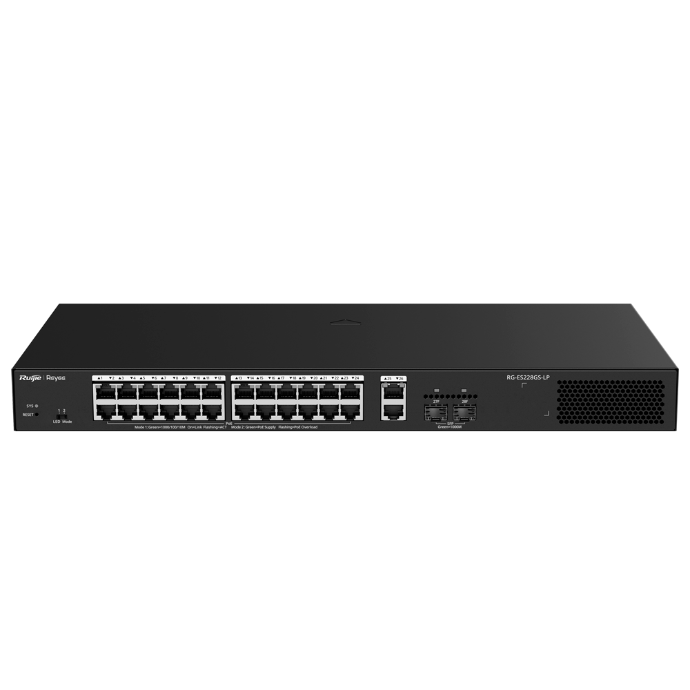 (RG-ES228GS-LP) Switch Reyee PoE administrable Cloud - 24 PoE 802.3af/at + 2 SFP + 2 liaison uplink RJ45 - 26 RJ45 10/100/1000Mbps + 2 SFP 10/100/1000 - 30W par port 802.3af/at / Maximum 250W - VLAN/Port Isolation/Loop Detection - Port Speed Limit