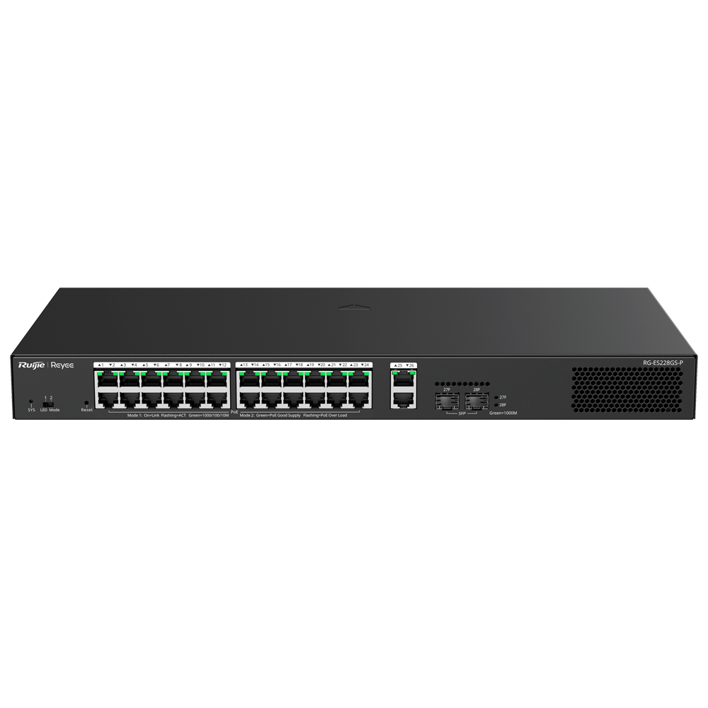 [RG-ES228GS-P] (RG-ES228GS-P) Switch Reyee PoE administrable Cloud - 24 PoE 802.3af/at + 2 SFP + 2 liaison uplink RJ45 - 26 RJ45 10/100/1000Mbps + 2 SFP 10/100/1000 - 30W par port 802.3af/at / Maximum 370W - VLAN/Port Isolation/Loop Detection - Port Speed Limit